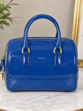 Furla Blue Jelly Small Dome/Barrel Satchel Italy Glossy Top Handle Lock Detail